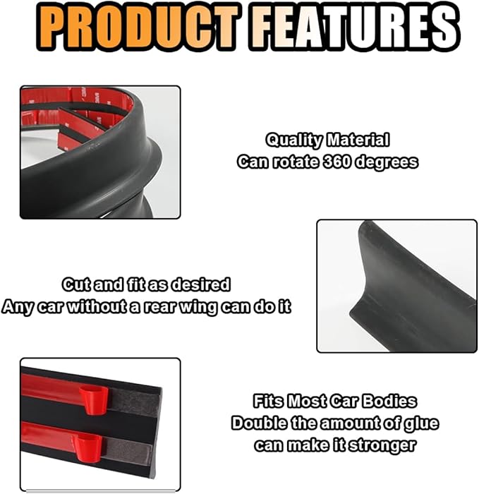 Car Rear Spoiler Roof Lip Kit, Rubber Trunk Spoiler Trim Strip Cool Car Decoration, Universal Punch-Free Vehicle Exterior Accessory Sticker (Matte Black)