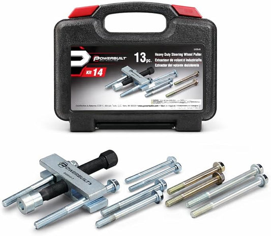 Powerbuilt Heavy Duty Steering Wheel Puller Tool Set, Removes steering wheels with tapped holes, For most domestic and imported vehicles, 14 Pc. with Storage case - 648645