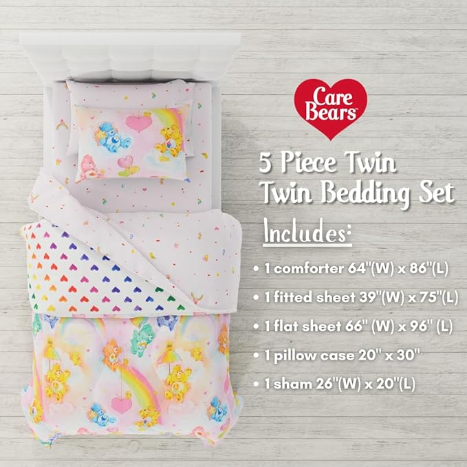 Care Bears Classic Retro Rainbow Bedding 5 Piece Super Soft Comforter and Sheet Set with Sham, Twin, (100% Official Licensed Product) by Franco Collectibles