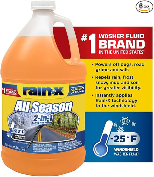 Rain-X All Season -25°F 2-in-1 De-Icer & Bug Remover Windshield Washer Fluid - 1 Gallon (Pack of 6)