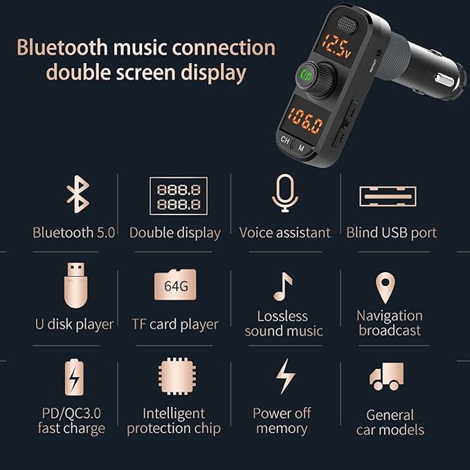 Bluetooth 5.0 Car Change Radio Receiver with 2 Stronger Microphones, 41W PD QC 3.0 USB Car Charger, Aux in/Out Wireless Audio Music Adapter, with Hands Free Calls and Voice Assistant