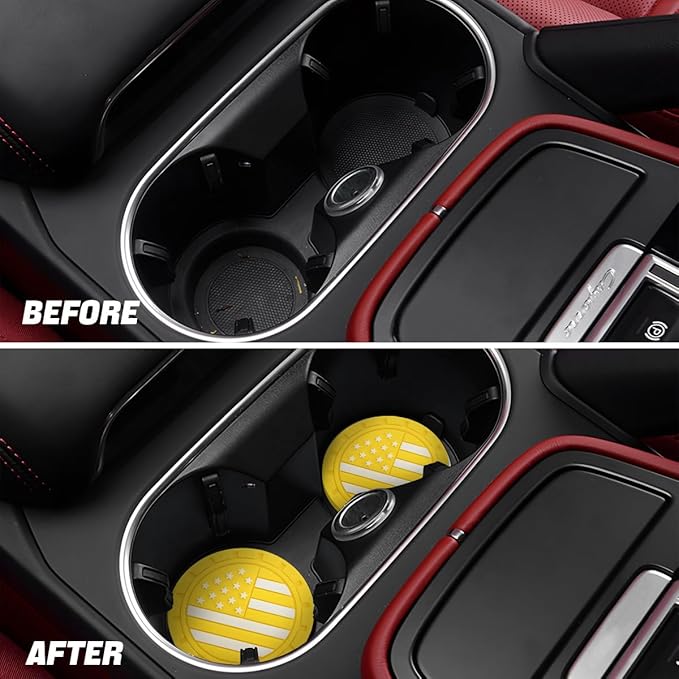Osilly Car Cup Holder Coasters, 4 Pack American Flag Insert Car Cup Coaster, 2.75 Inch PVC Anti Slip Shockproof Embedded Drink Mat, Car Interior Decoration Accessories for SUV, Truck(Yellow)