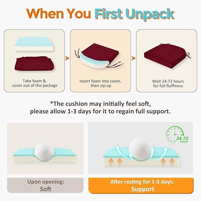 downluxe Chair Cushions for Dining Chairs, Memory Foam Linen Kitchen Chair Pads with Ties, Waterproof, Stain-Resistant and Washable Cover, 17" x 16" x 2.5", Red, 6 Pack