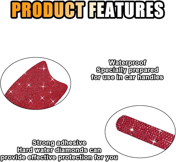JOYCOURT 10PCS Bling Car Door Handle Anti-Scratch Sticker, Universal Car Doors Handles Protective Cover, Shiny Rhinestone Auto Decor Accessories for Women (Red)