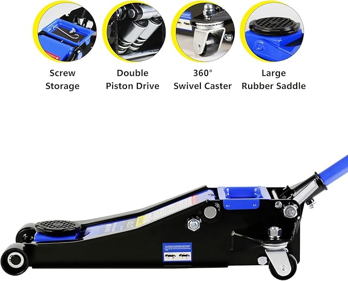 3 Ton Low Profile Floor Jack, Heavy Duty Floor Jacks with Dual Pistons Quick Lift Pump, Steel Car Jack Adjustable Height 3.3"-18.5", Hydraulic Trolley Floor Jack 3 Ton/6600 LBS Capacity, Blue