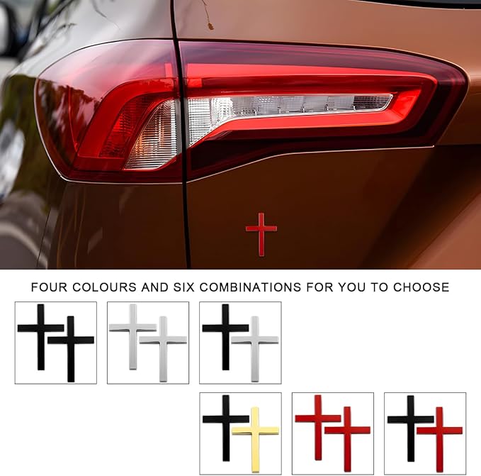 DXNQ 2PCS Metal Jesus Christ Cross Badge Stickers, 2.5"×1.8" Alloy 3D Individual Car Cross Sticker, Self Adhesive Scratch Covering Metal Cross Auto Emblem Decal for Car Body Fender Tail (Black+Red)