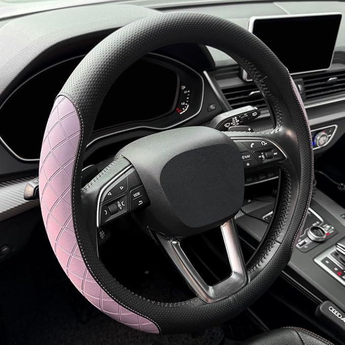LKWLIKEI Nappa leather steering wheel cover,elegant diamond checkered design, non-slip wear-resistant, enhance driving comfort, suitable for steering wheel diameter 14 1/2‘-15’ models.Black and purple