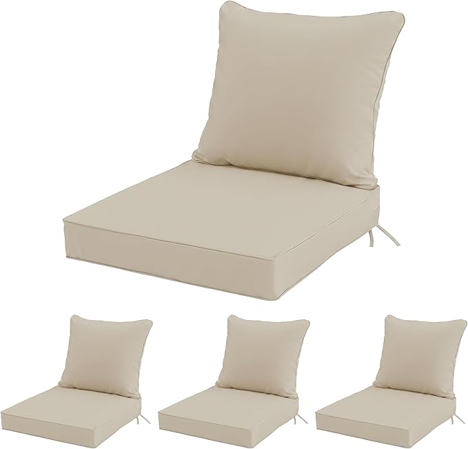 19x19 Inch Patio Chair Cushions Set of 4, Outdoor Furniture Cushions - Removable Cover, Water-Repellent, Fade-Resistant, Non-Slip Bottom & Straps, Replacement for Lawn, Porch & Deck Chair - Cream