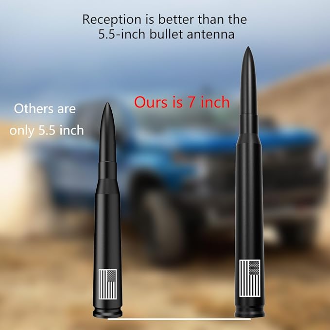 Car Truck Bullet Antenna with Tire Valve Caps American Flag Universal Short Replacement for GMC Sierra Chevy Silverado Dodge Ram 1500 2500 3500 Ford F150 F250 F350 Super Duty Raptor, Matte Black, 7"