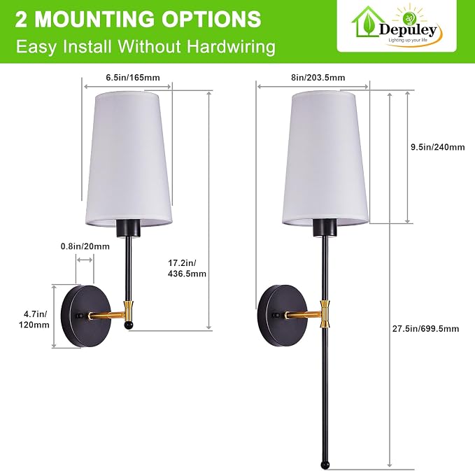 Depuley Battery Operated Wall Sconce: 27" Set of 2 Wireless Wall Lights with Remote for Bedroom - Rechargeable 15 Colors Black and Gold Wall Lamp for Living Room Hallway Decor