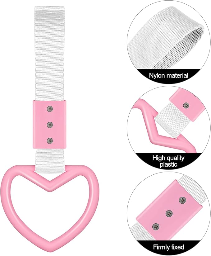 2 Pieces Rings Heart Shaped Car Handle Straps Drift Charm Rear Bumper Warning Ring Decor Subway Bus Broken Heart Handle for Car Interior (Pink with Silver Rope)