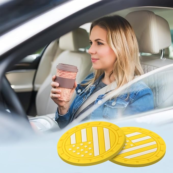 AUCELI 4 Pack Car Cup Holder Coasters, Colored American Flag US Flag Insert Car Cup Coaster, 2.75 Inch Anti Slip Shockproof Embedded Drink Mat, Vehicle Interior Decor Accessories