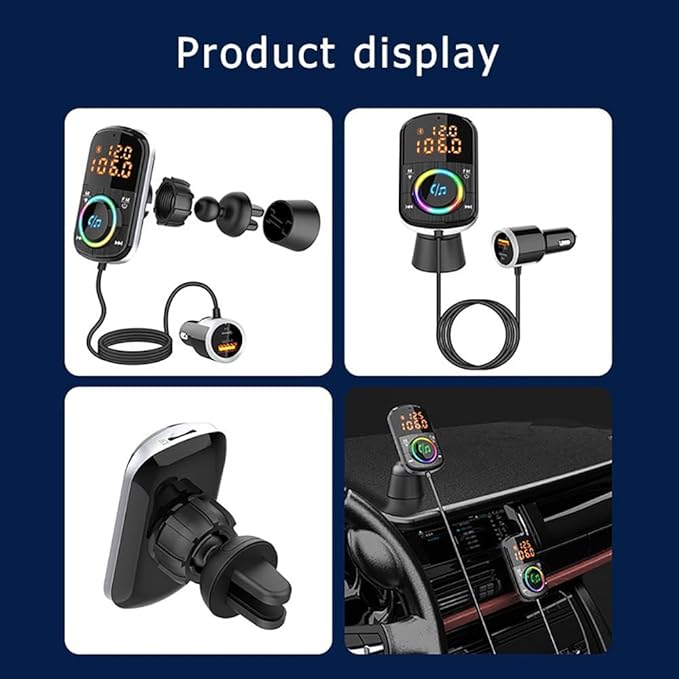 Bluetooth FM Transmitter for Car, Bluetooth para Carro/Audio Adapter with Dual Car Charger, Support Dual Display Digital Colorful Lights TF Card