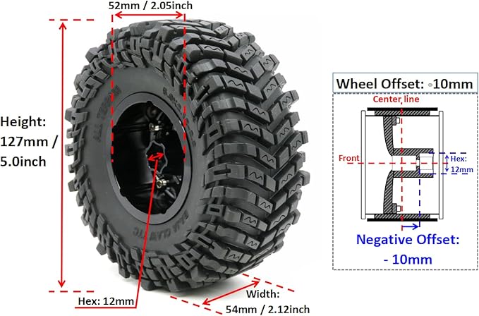 HOBBYSOUL Height 5.0'' Tires 2.2 Tyres & -10mm Negative Offset 2.2 Beadlock Wheels Black Rims For RC Mud Crawler All Terrain SCX10 Capra Wraith TRX4 Gen8 Everest gen 7 Pro, (4-Pack, Assembled)