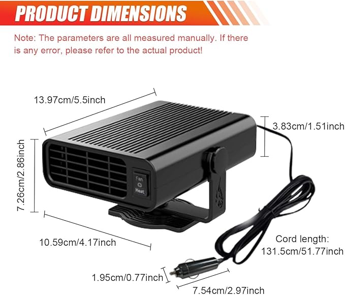 Car Heater, 12V 150W Fast Heating Windshield Defogger and Defroster, 2 in 1 Portable Heating & Cooling Fan, 360° Rotatable Heater with Plug-in Cigarette Lighter (Black)