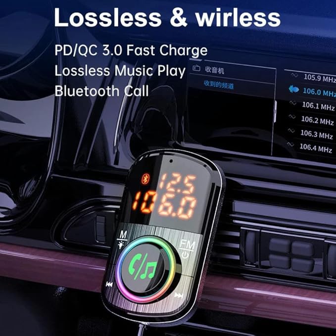 Bluetooth FM Transmitter for Car, Bluetooth para Carro/Audio Adapter with Dual Car Charger, Support Dual Display Digital Colorful Lights TF Card