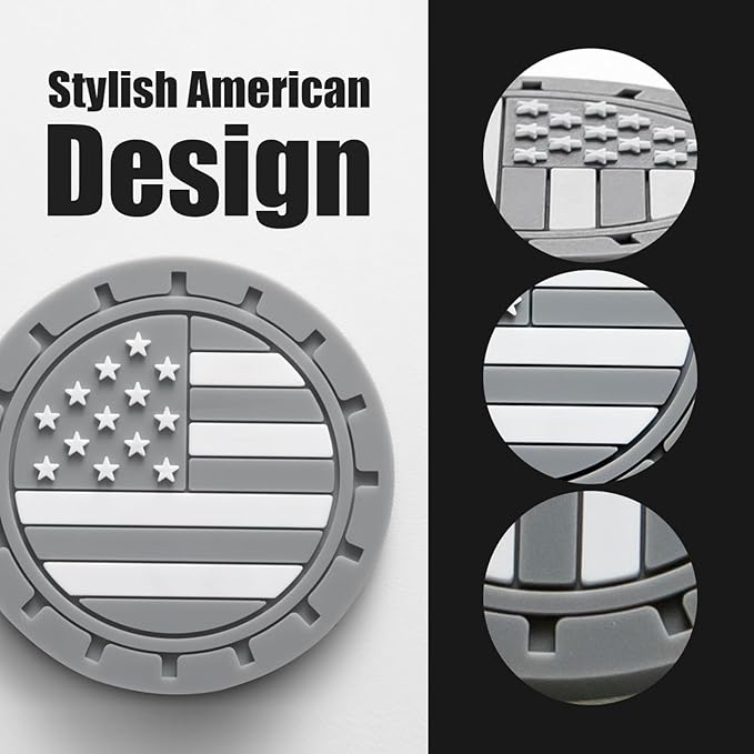 Car Cup Holder Coasters 4 Pack - American Flag 2.75 Inch Anti Slip Shockproof Drink Mat - Vehicle Interior Decor Accessories Grey