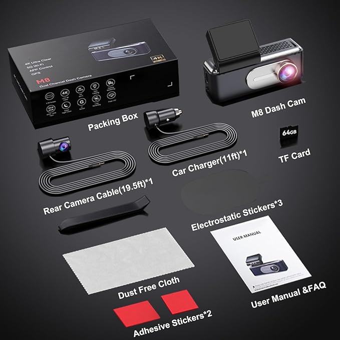 4K Dash Cam Front and Rear,with 64GB Card,Built in 5.8GHz WiFi & GPS Car Camera,Super Night Vision,Advanced Driver Assistance System,3.2'IPS Screen,24H Parking Mode,Time-Lapse,Loop Recording