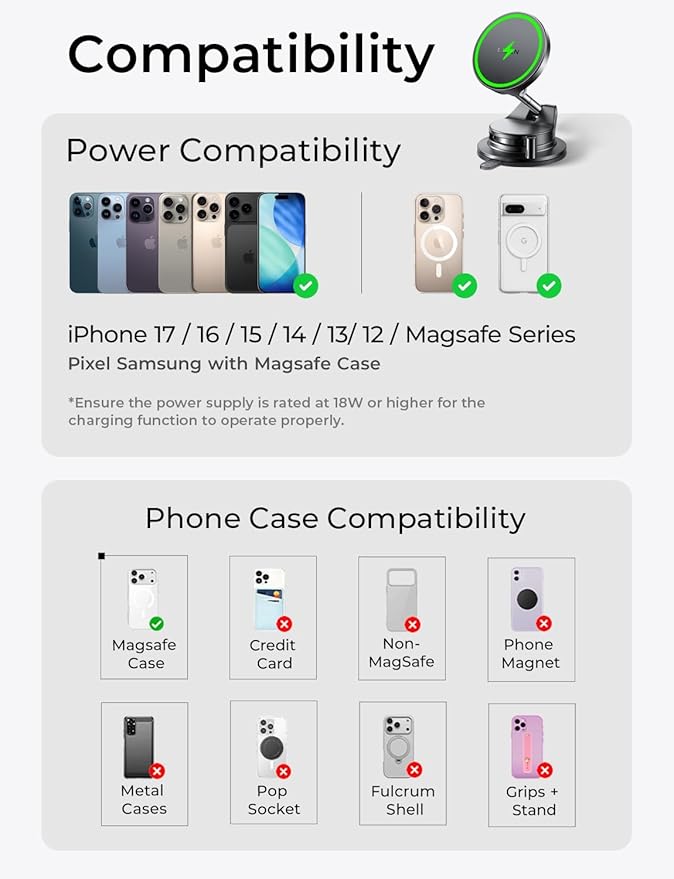 LISEN for 15W Magsafe Car Mount Charger, Magnetic Phone Holders for Your Car, Magnetic Wireless Car Charger, Suction Phone Mount for Car Accessories for Truck Jeep for iPhone 17 Pro Max 16 15 14 13 12