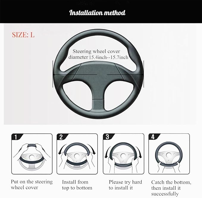 Black Leather Steering Wheel Cover Cowhide Wheel Cover Genuine Leather Steering Wheel Covers Universal Size L / 15.5inch (B-Black-L)