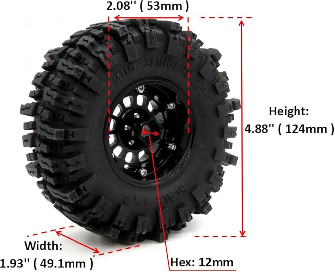 HOBBYSOUL RC 2.2 Mud Slingers Tires 124mm Tall & 2.2 Beadlock Wheels Adjustable Offset 2.2 Rims Black For RC Mud Crawler Trail Gen7 Gen8 Everest 10 Axial Capra Wraith, (4-Pack, Assembled)