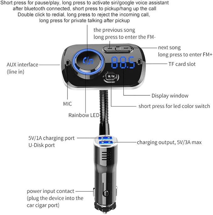 Bluetooth FM Transmitter for Car, 5.0 Bluetooth Handsfree Car Kit Dual USB Colorful Atmosphere Light Support SIRI/Google Voice Assistant QC 3.0 Fast Charge
