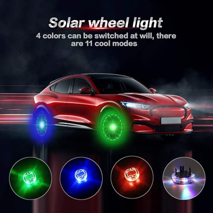 Sidaqi Solar Energy Car Wheel Hub Lamp LED Tire Lights with Motion Sensors - 4PCS Colorful Decorative Waterproof LED Wheel Lights for Cars, Motorcycles, Bicycles