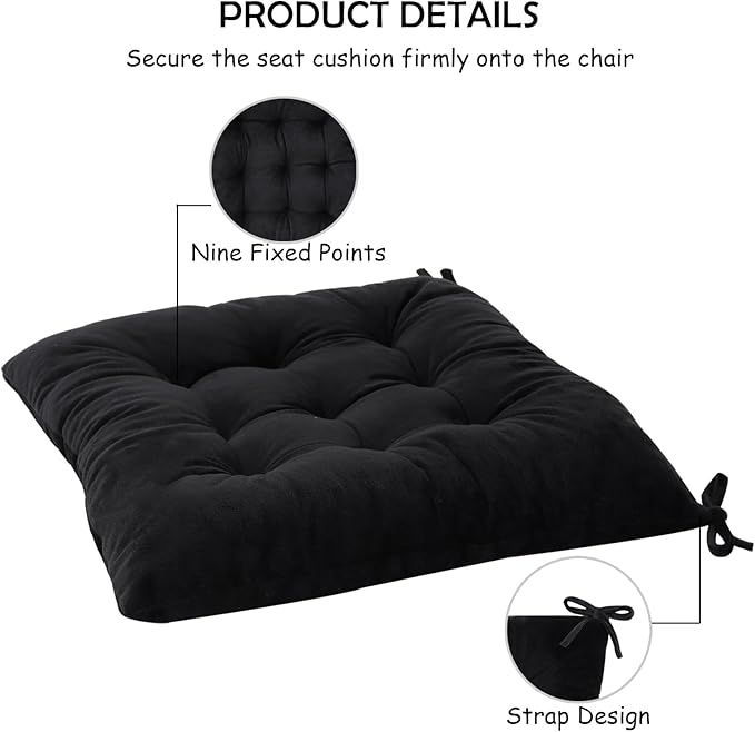 6 Pack Square Seat Cushion Chair Pads for Kitchen Dining Chairs, Soft Comfort Velvet Chair Mat Pillow Cushions with Ties for Office Desk Living Room Tatami 15.5", Black