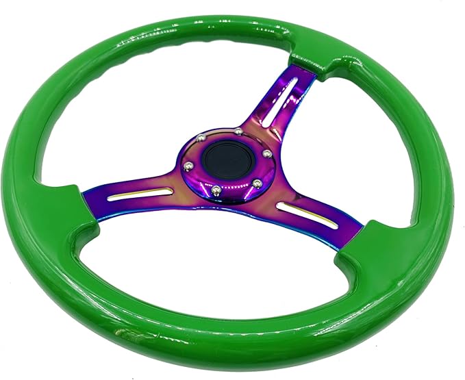 350mm Green Racing Steering Wheel Neo Chrome Spoke Universal 6 Bolts 45mm Deep Dish Classic ABS Wood Steering Wheel with Horn Button