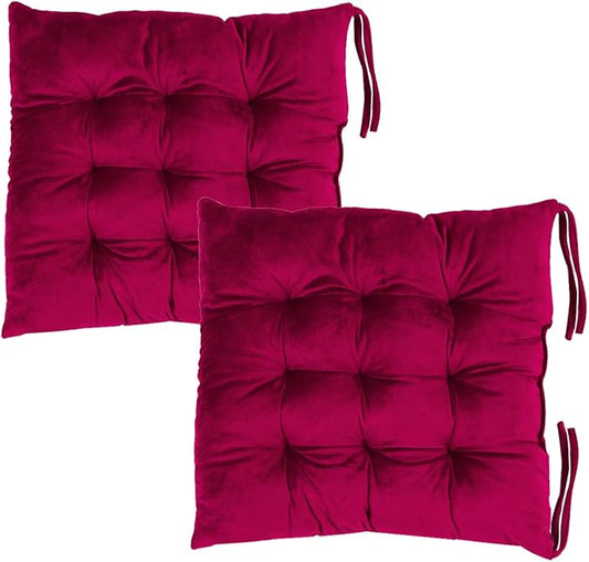2 Pack Square Seat Cushion Chair Pads for Kitchen Dining Chairs, Soft Comfort Velvet Chair Mat Pillow Cushions with Ties for Office Desk Living Room Tatami 15.5", Burgundy