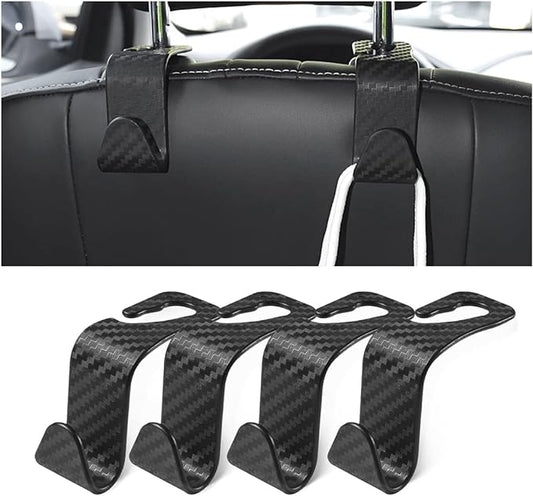 Car Back Seat Headrest Hooks, 4 Pack Carbon Fiber Stylish Back Seat Hanger for Car Handbag Clothes Coats Grocery Bags, Car Interior Accessories (Carbon Fibre/Black)