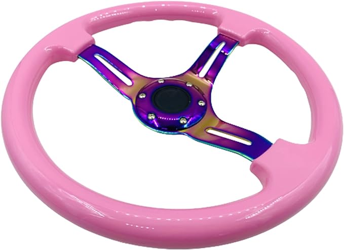 Classic Pink Racing Steering Wheel Neo Chrome Spoke 350mm 13.5" Deep Dish ABS Hard Wood Steering Wheel with Horn Button