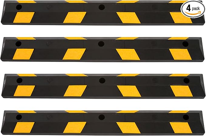 Guardian 4 Pack Parking Stop, 4 Foot Long Flexible Rubber Curb, Highly Visible Accessory with Mounting Holes for Job Sites and Garages, Black/Yellow