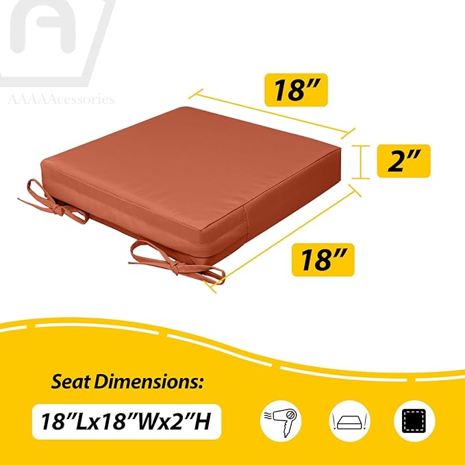 AAAAAcessories Outdoor Seat Cushions for Chairs, Waterproof, Fade-Resistant Patio Furniture Replacement Cushions, 18" x 18" x 2", Set of 2, Rust