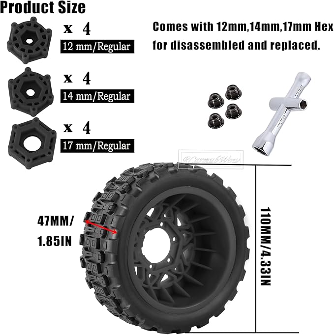 RC Truck Tires RC Wheels and Tires,12mm/14mm/17mm Hex RC Tires for 1/10 Slash 4×4 2WD,Arrm a Senton,Axia1 Red cat Rc 4wd,Off-Road Tire w/RC Wheels Hex,Black