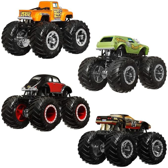 Hot Wheels Monster Trucks 4-Pack, Set of 4 1:64 Scale Toy Vehicles with Giant Wheels (Styles May Vary)