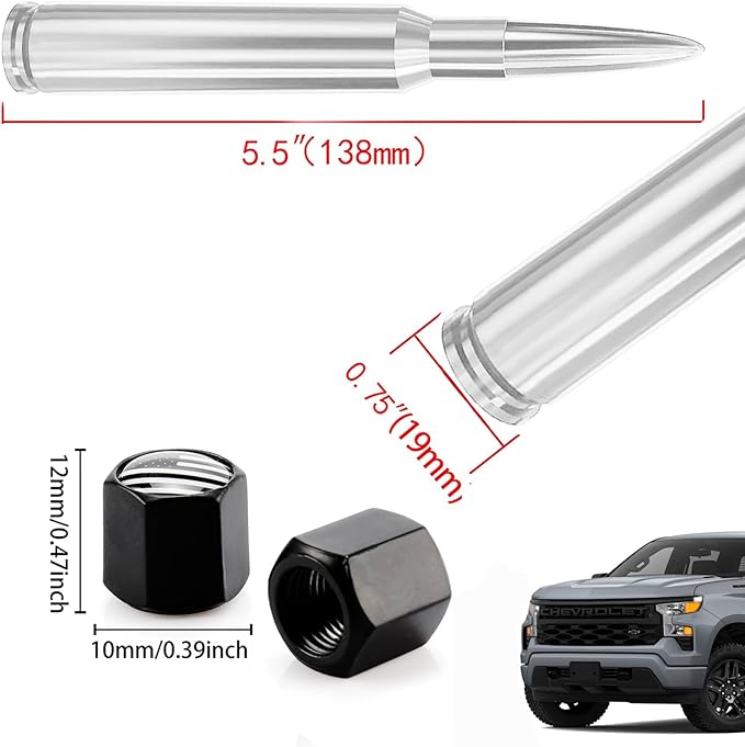 HVSTTPK Truck Car Bullet Antenna with Valve Stem Caps Mast for GM Chevy Silverado 1500 2500 3500 HD Ford F150 F250 F350 Denali Heavy Pickup Jeep Truck Accessories (Chrome)