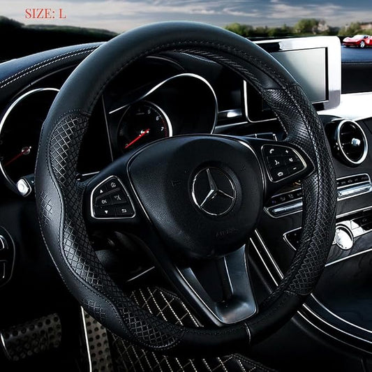 Black Leather Steering Wheel Cover Cowhide Wheel Cover Genuine Leather Steering Wheel Covers Universal Size L / 15.5inch (B-Black-L)