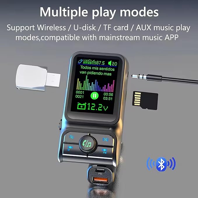 Wireless in-Car Bluetooth FM Transmitter Radio Adapter Car Kit, 1.8 Inch Display Supports TF/SD Card EQ and QC3.0 & 5V/2.4A Charging Hands-Free Calls