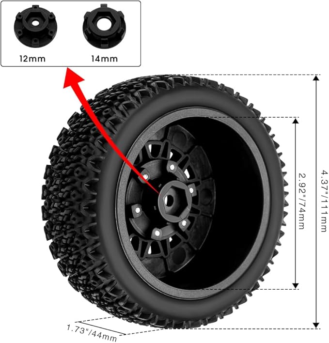 GLOBACT 12mm/14mm Hex RC Wheels and Tires 1/10 RC Truck Tires for Arrma Senton Fury Slash Axial Losi Redcat Rc4wd Hex Detachable Replacement (Black 4PCS)