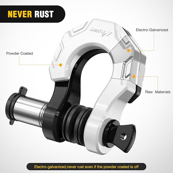 Nilight 2 Pack 3/4" D-Ring Separate Shackle with 7/8" Lock Pin 45,000 lbs Break Strength, Off Road Recovery Shackle with Isolators Washers for Use with Tow Strap, Winch, Truck Vehicle (Black&White)