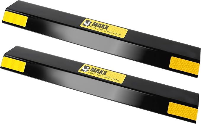 MaxxHaul 51035 18 in. Heavy Duty Car Parking Stoppers 2 Pack Easy Install 18" x 1.25" x 3.5" for Garage and Outdoor Car SUV Truck Eco Friendly Material Reflective Strips