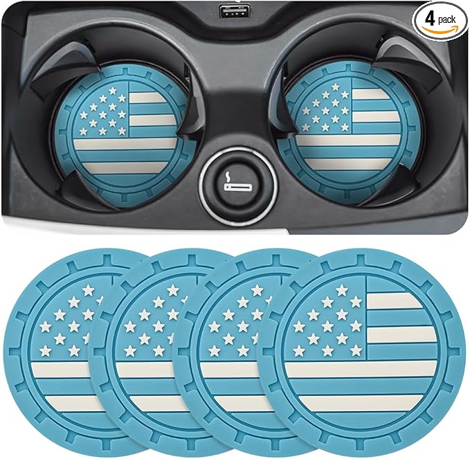 Osilly Car Cup Holder Coasters, 4 Pack American Flag Insert Car Cup Coaster, 2.75 Inch PVC Anti Slip Shockproof Embedded Drink Mat, Car Interior Decoration Accessories for SUV, Truck(Light Blue)