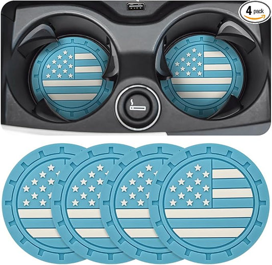 Osilly Car Cup Holder Coasters, 4 Pack American Flag Insert Car Cup Coaster, 2.75 Inch PVC Anti Slip Shockproof Embedded Drink Mat, Car Interior Decoration Accessories for SUV, Truck(Light Blue)