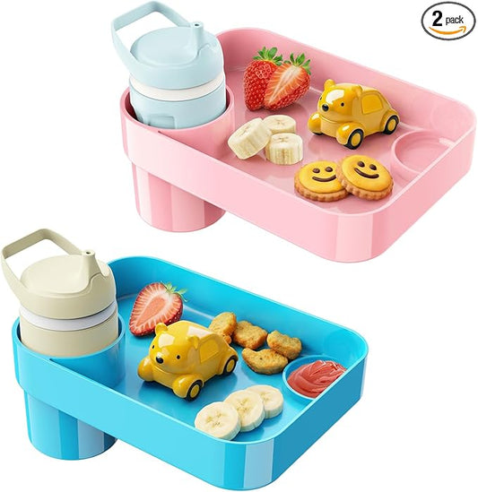 [Pink+Sky Blue] Car Seat Snack Tray for Toddlers - 3 Inch Cup Holder Fits Most Sippy Cups & Straw Bottles with Dip Well, Mess-Free Square Kids Travel Tray Road Trip Essentials, Pink & Sky Blue