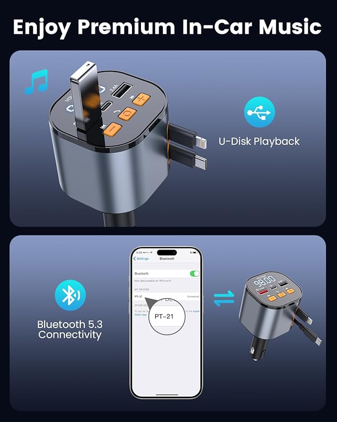 [Upgraded] 81W Retractable PD Car Charger with Bluetooth 5.3, FM Transmitter, Hands-Free Calling, MP3 Player, USB & LED Display – USB-C Bluetooth Adapter for All Phones