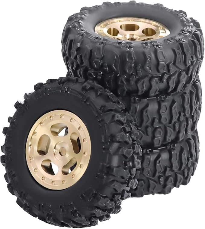 4pcs SCX30 Brass Offset 0.7'' Wheels Set with Rubber Tires Sponge Insert for AXIAL SCX30 Ford Bronco JEEP WRANGLER JLU RC Crawler Upgrade Part ﻿ (Golden 5-hole set)