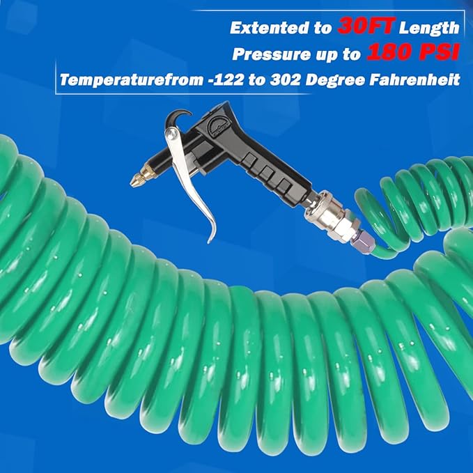 Heavy Duty Truck Air Duster Blow Gun Cleaning with 9 Meter Long Coil and 2 interchangeable nozzle tips- Green Air Seat Blow Gun Kit