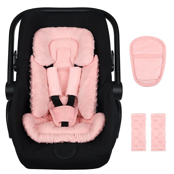 Infant Car Seat Insert Boy Girl, 3 in 1 Newborn Carseat Insert with Strap Pads, Car Seat Head Support for Baby Strollers, Swings, and Bouncers, Comfortable and Machine Washable, Orange Pink