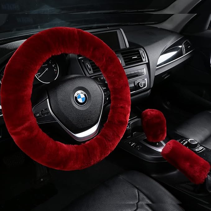 3Pcs/Set Pure Wool Fur Furry Steering Wheel Cover, Soft Fluffy Handbrake Cover Gear Shift Cover for Women Car SUV Truck Australia Sheepskin Accessories